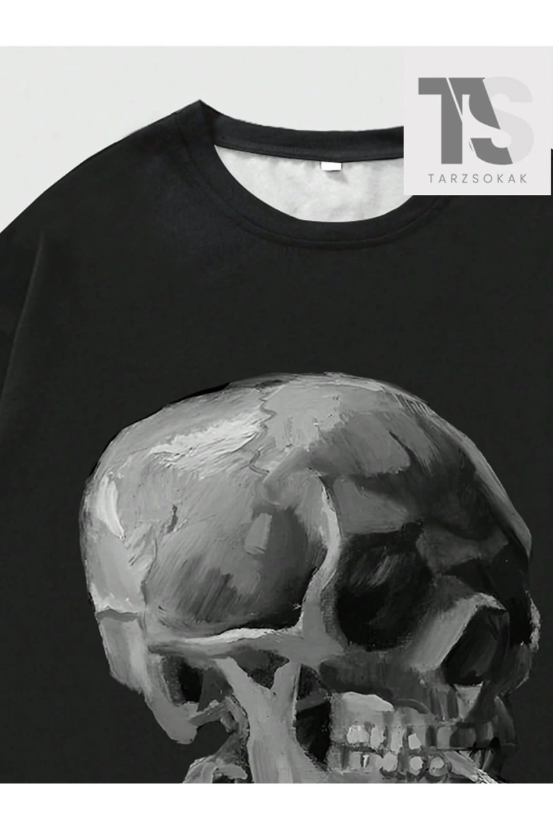 Goth Erkek Koyu Gotik Kafatası Baskılı T-Shirt