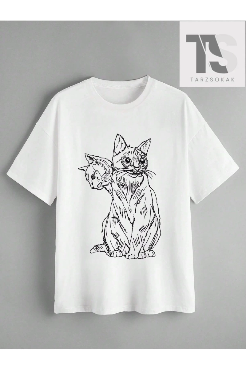 Goth Kadın Casual Kedi Baskılı T-Shirt