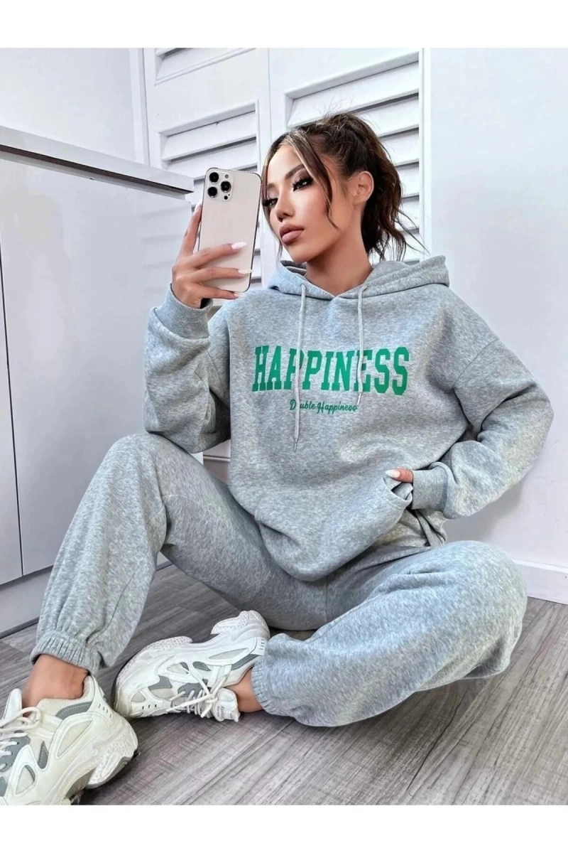 Gri Happiness Dijital Baskılı Kışlık UNİSEX Eşofman Takımı