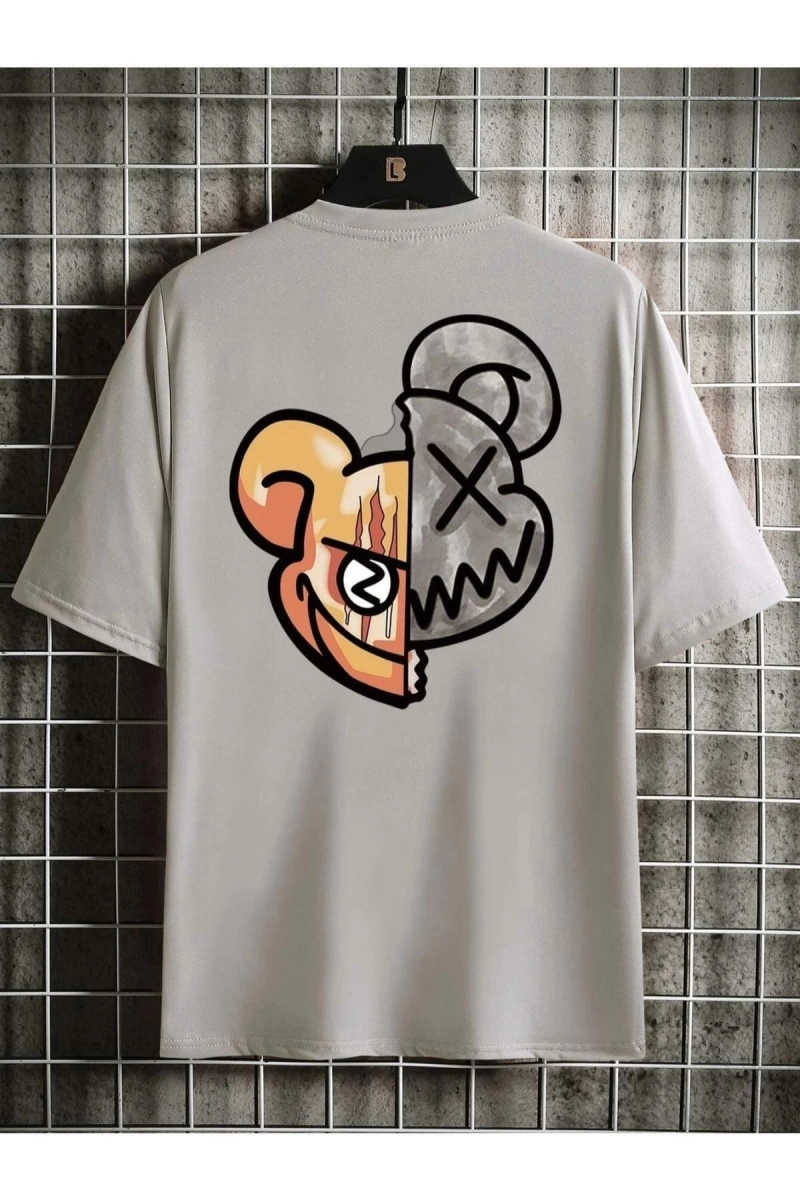 Gri Men Cartoon Baskılı Bisiklet Yaka Tshirt