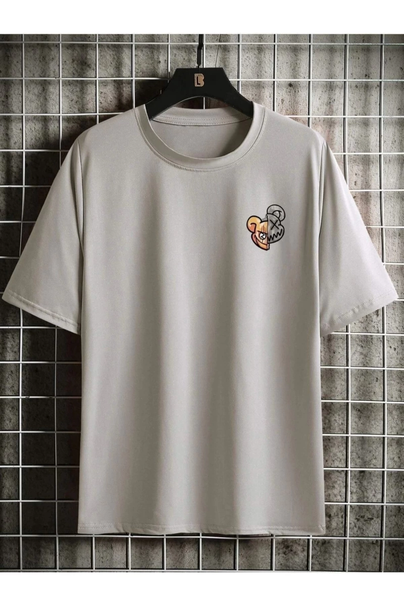 Gri Men Cartoon Baskılı Bisiklet Yaka Tshirt