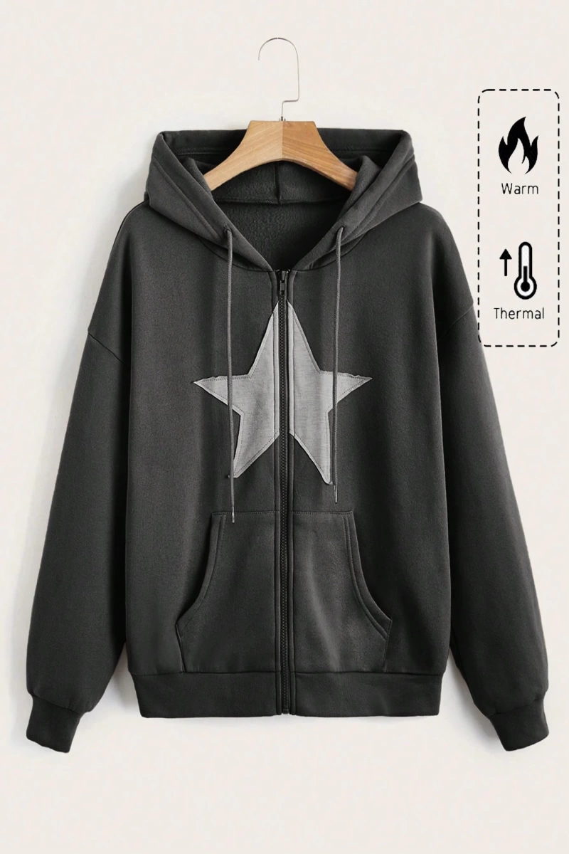 Grunge Punk Düz Renk Fermuarlı Yıldız Baskılı Kapüşonlu Sweatshirt Model 5157