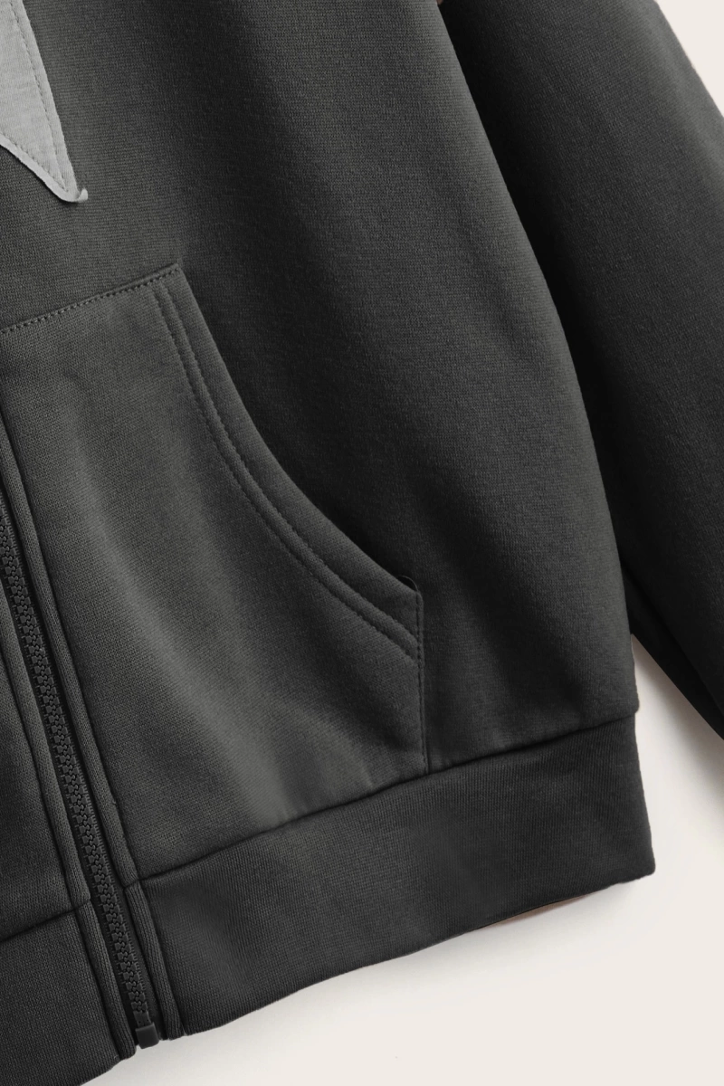 Grunge Punk Düz Renk Fermuarlı Yıldız Baskılı Kapüşonlu Sweatshirt Model 5157
