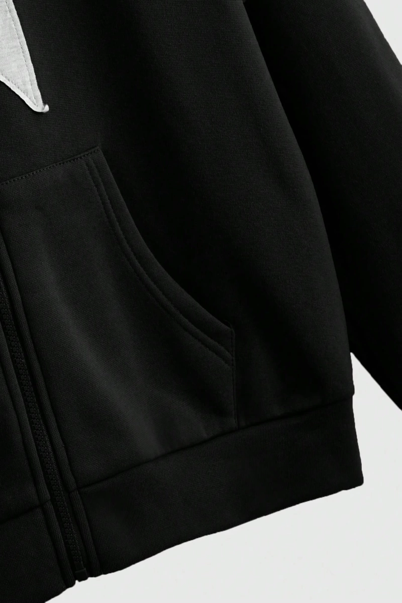 Grunge Punk Düz Renk Fermuarlı Yıldız Baskılı Kapüşonlu Sweatshirt Model 5157