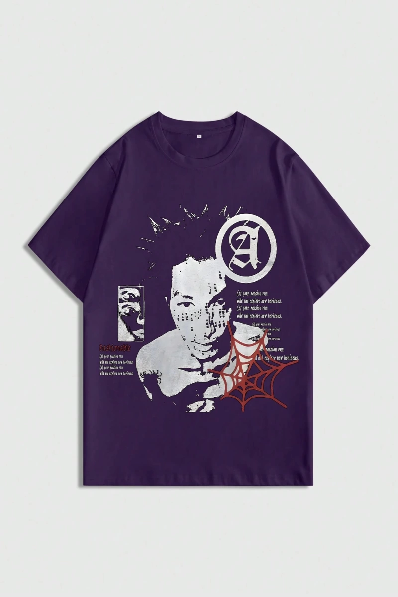 Grunge Punk Erkek Portre Ve Slogan Baskılı Kısa Kollu Tişört, Okul