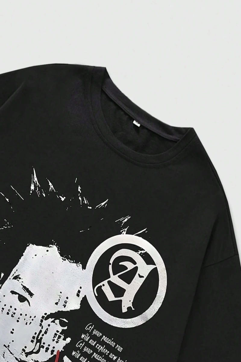 Grunge Punk Erkek Portre Ve Slogan Baskılı Kısa Kollu Tişört, Okul