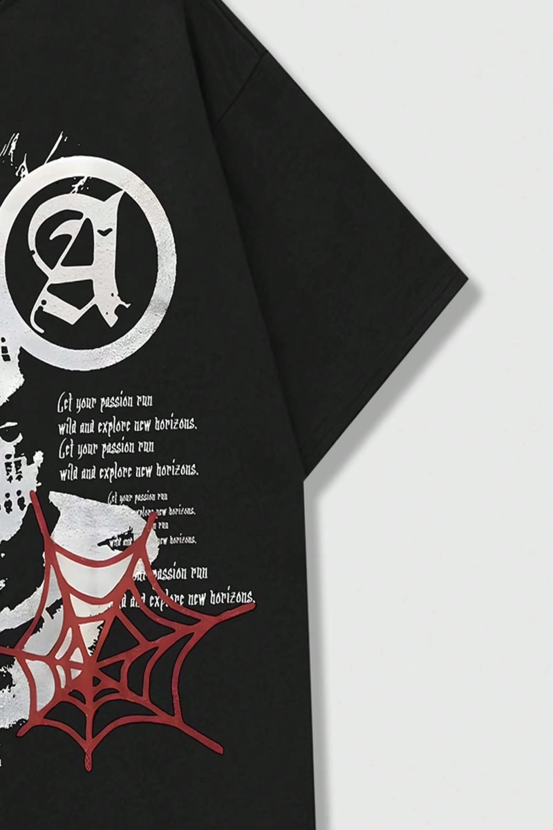 Grunge Punk Erkek Portre Ve Slogan Baskılı Kısa Kollu Tişört, Okul