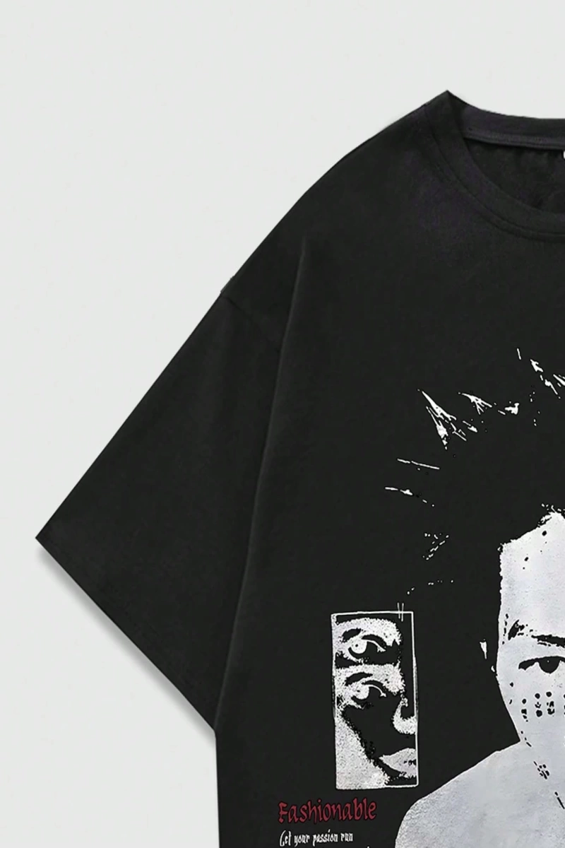 Grunge Punk Erkek Portre Ve Slogan Baskılı Kısa Kollu Tişört, Okul