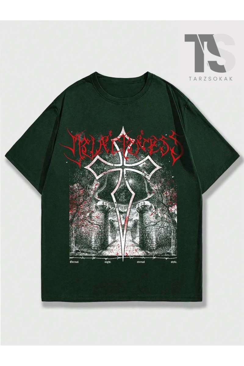 Grunge Punk Erkek Yeşil Yuvarlak Yaka Baskılı T-Shirt
