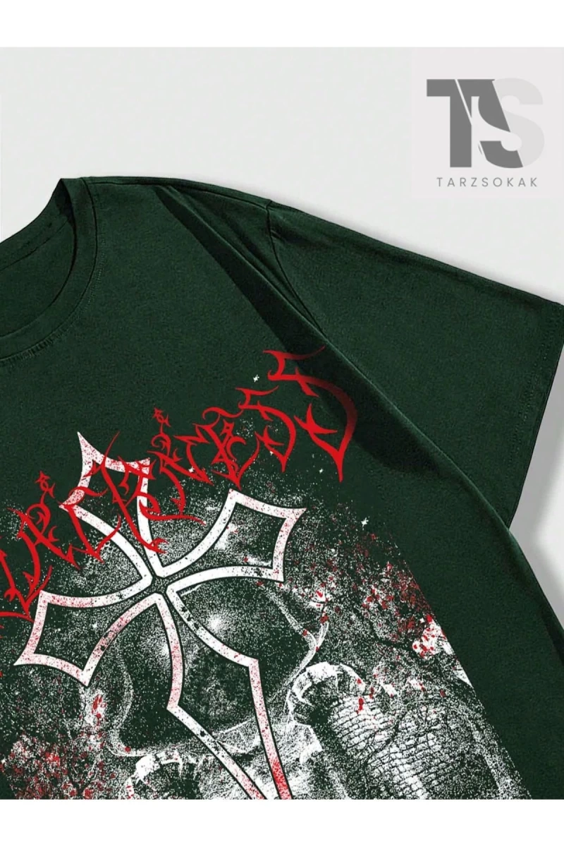 Grunge Punk Erkek Yeşil Yuvarlak Yaka Baskılı T-Shirt