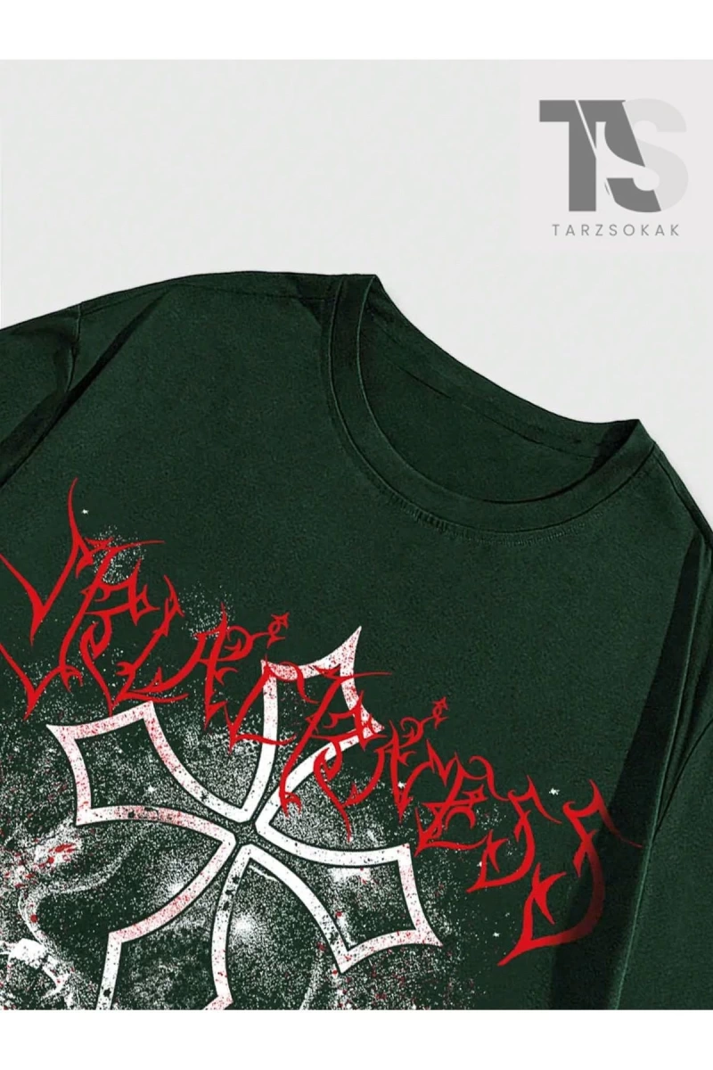 Grunge Punk Erkek Yeşil Yuvarlak Yaka Baskılı T-Shirt