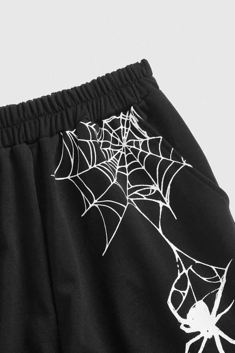 Grunge Punk Gevşek Ve Rahat Örümcek Ağı Baskılı Cepli Şort, Okul