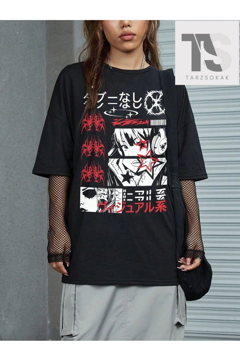 Grunge Punk Kadın Japon Anime Karakter Baskılı Kısa Kollu Tişört