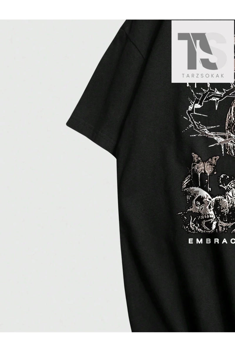 Grunge Punk Kafatası Baskılı Erkek Günlük Yuvarlak Yaka Tişört