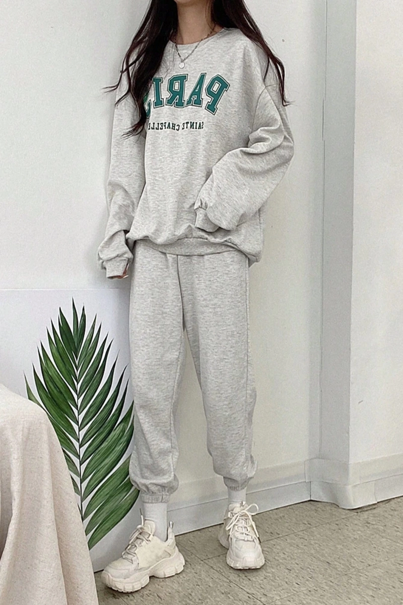 Harfli Grafik Düşük Omuz Sweatshirt ve Eşofman Altı