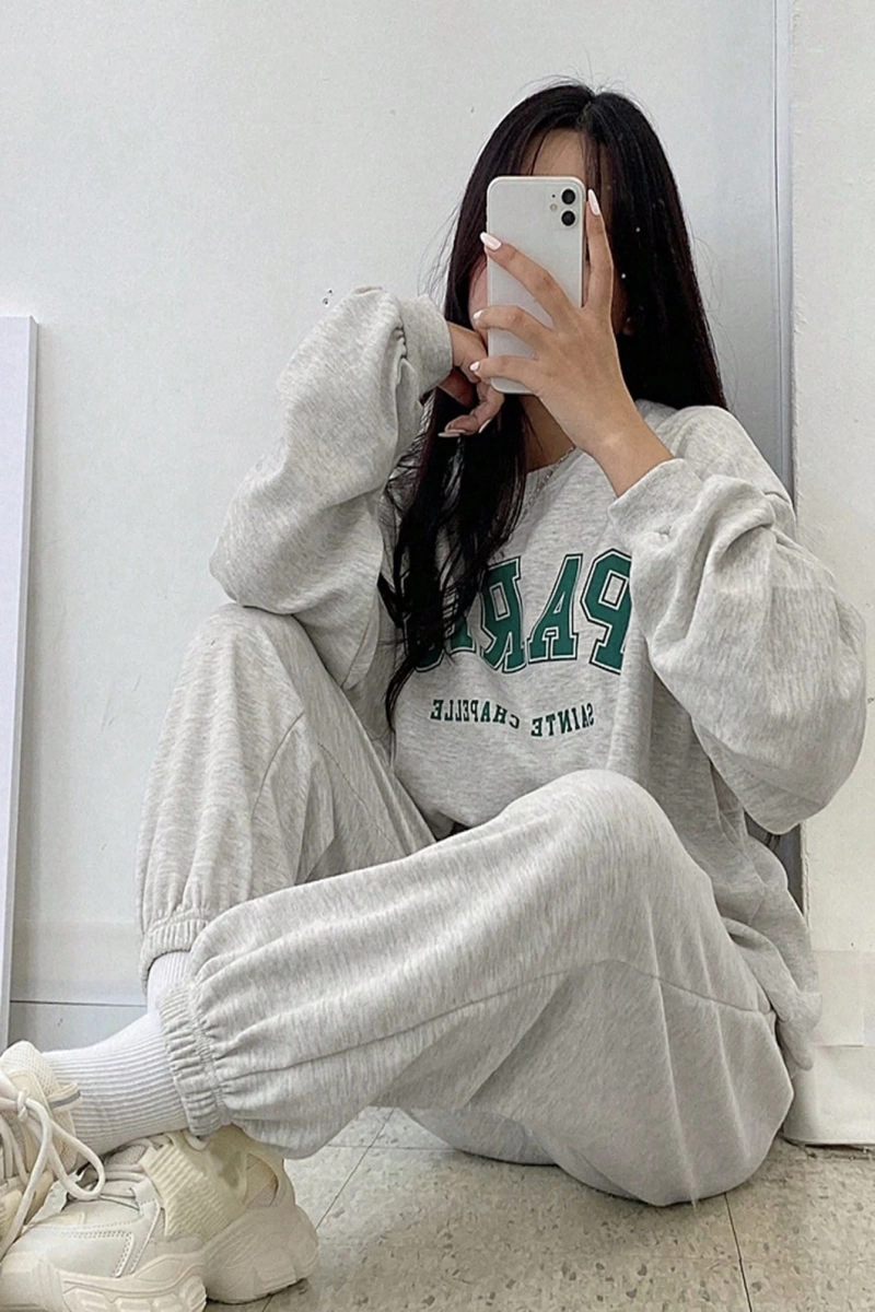 Harfli Grafik Düşük Omuz Sweatshirt ve Eşofman Altı