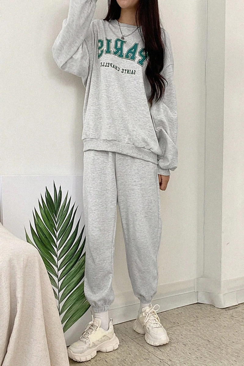 Harfli Grafik Düşük Omuz Sweatshirt ve Eşofman Altı