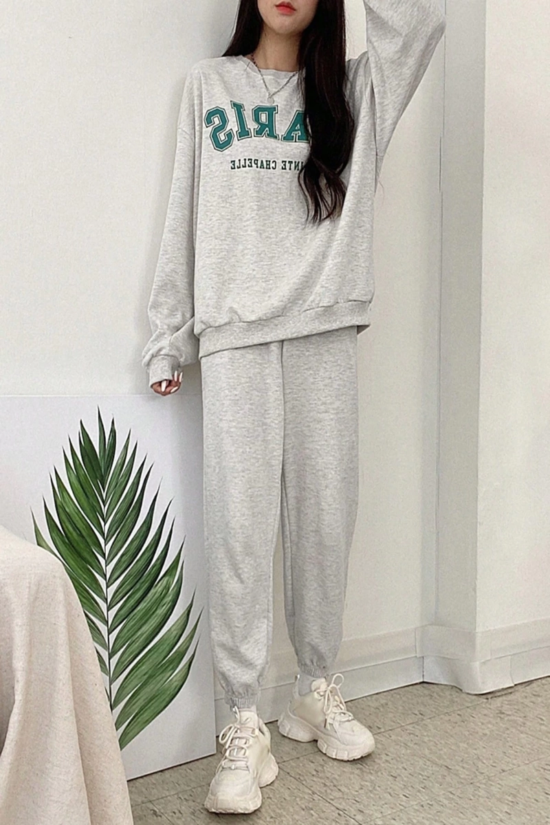 Harfli Grafik Düşük Omuz Sweatshirt ve Eşofman Altı