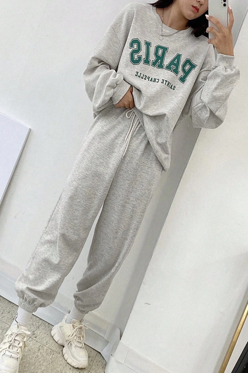 Harfli Grafik Düşük Omuz Sweatshirt ve Eşofman Altı