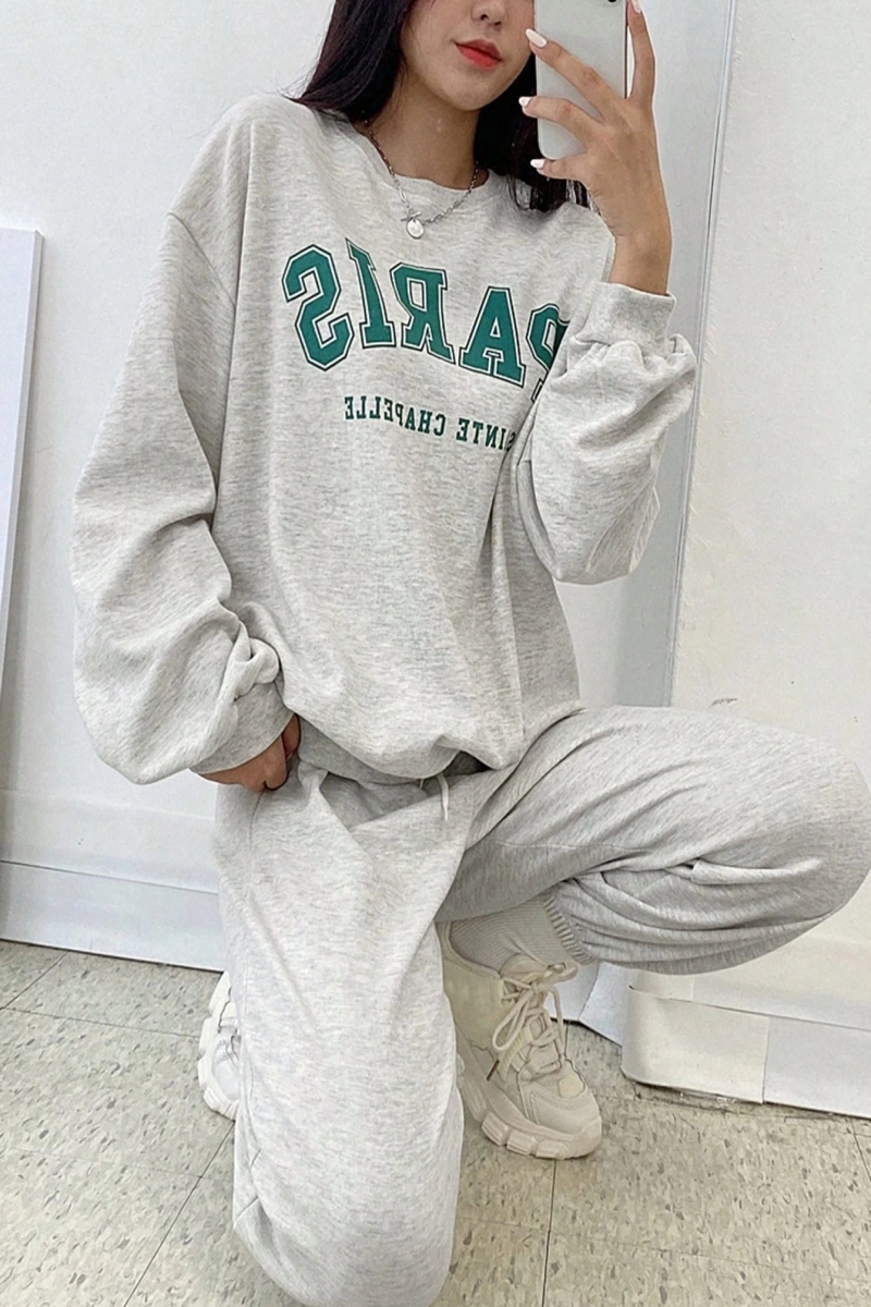 Harfli Grafik Düşük Omuz Sweatshirt ve Eşofman Altı