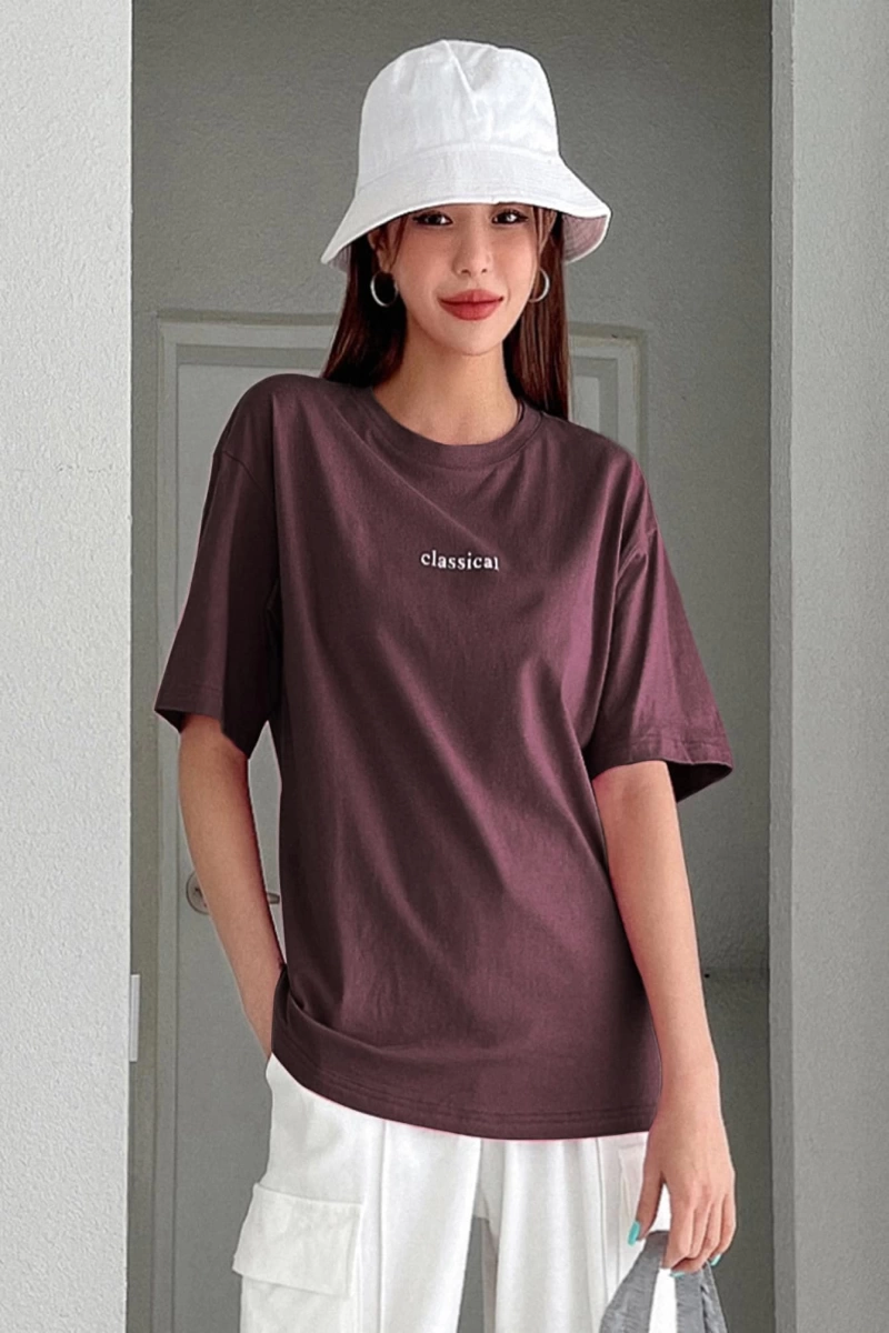 Harfli Grafik Yuvarlak Yaka Tişört Yaz
