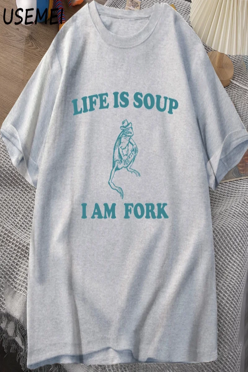 Hayat Çorba Ben Çatal Kurbağa Grafik T Shirt Pamuk Unisex Komik Retro T-Shirt Yaz Hayvan Bask 2803