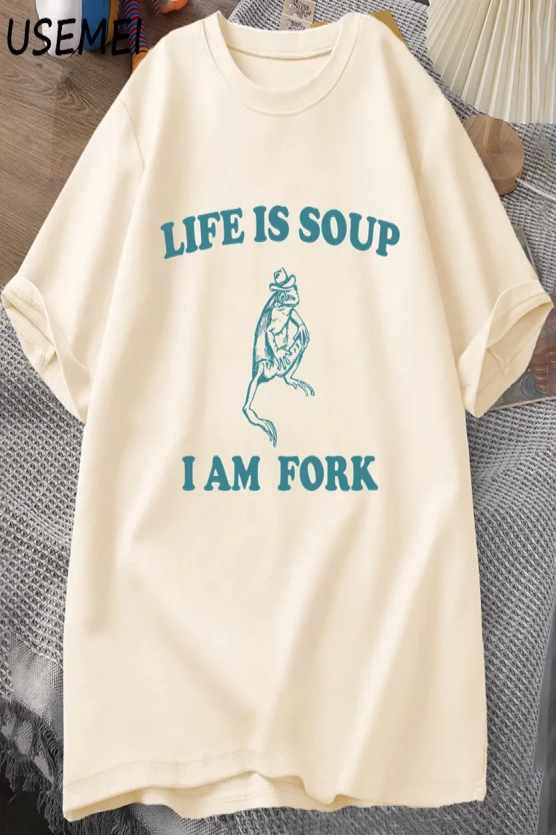 Hayat Çorba Ben Çatal Kurbağa Grafik T Shirt Pamuk Unisex Komik Retro T-Shirt Yaz Hayvan Bask 2803
