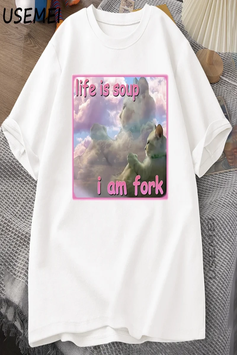 Hayat Çorba Ben Çatal T Shirt Erkekler Kadınlar için Komik Kedi Baskılı T-shirt Çirkin Aptal  2945