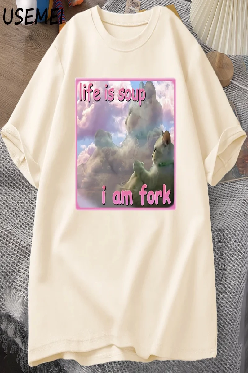 Hayat Çorba Ben Çatal T Shirt Erkekler Kadınlar için Komik Kedi Baskılı T-shirt Çirkin Aptal  2945