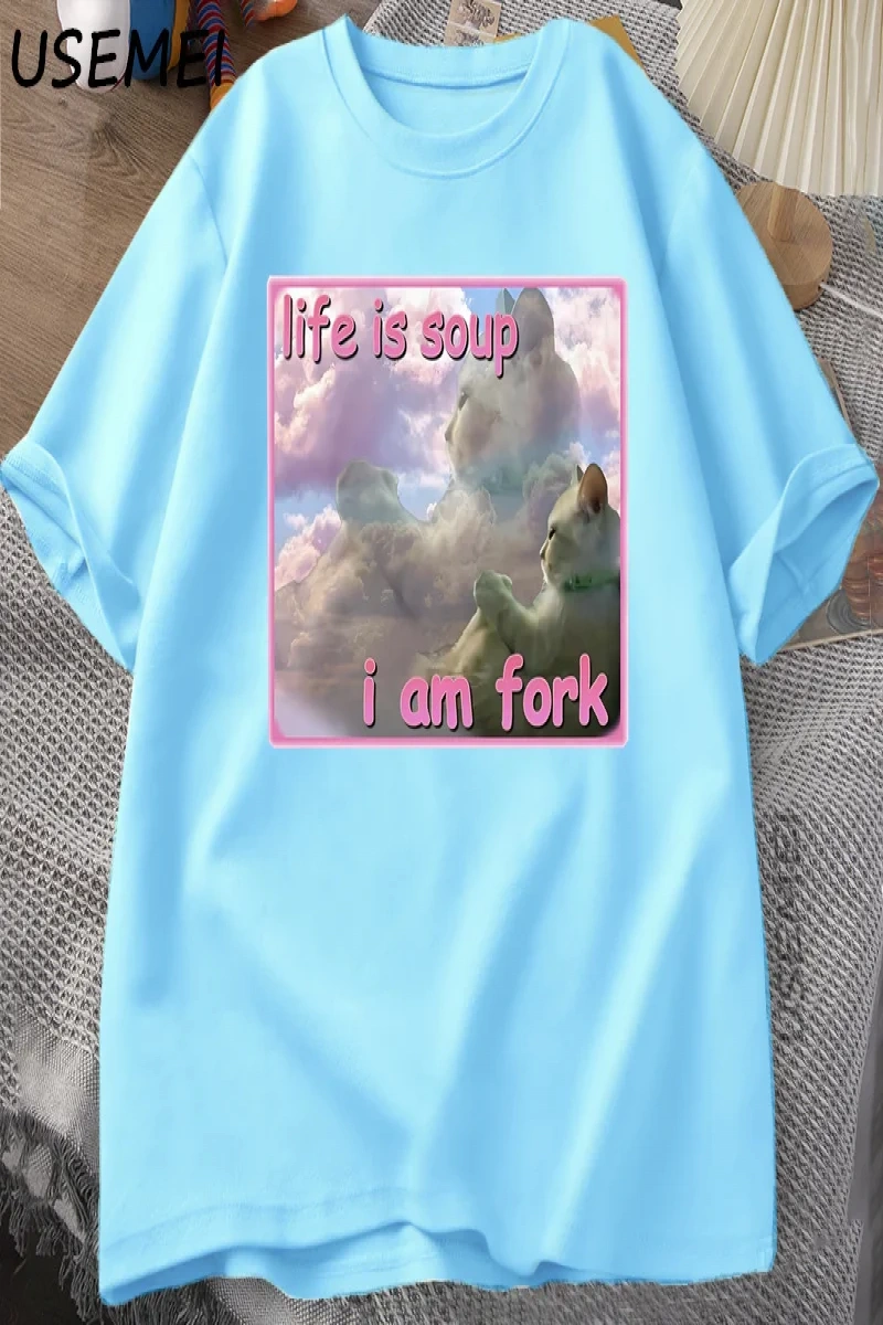 Hayat Çorba Ben Çatal T Shirt Erkekler Kadınlar için Komik Kedi Baskılı T-shirt Çirkin Aptal  2945