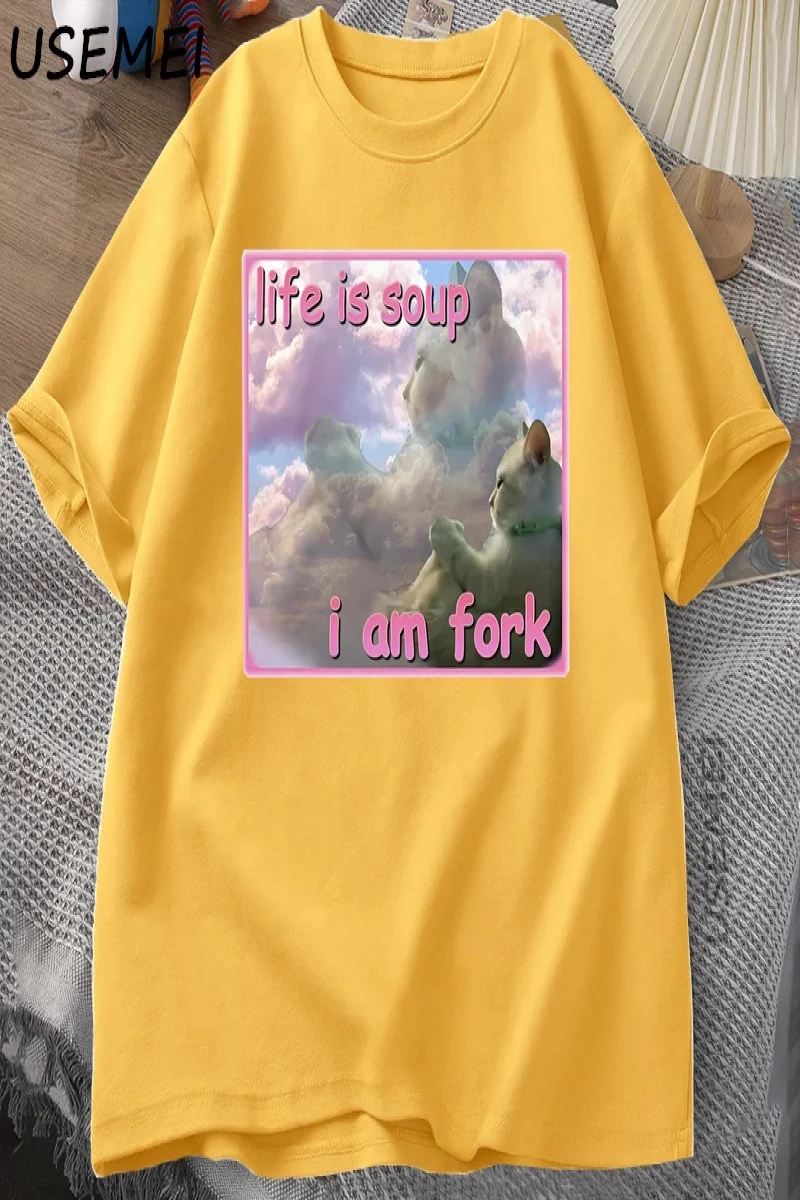 Hayat Çorba Ben Çatal T Shirt Erkekler Kadınlar için Komik Kedi Baskılı T-shirt Çirkin Aptal  2945