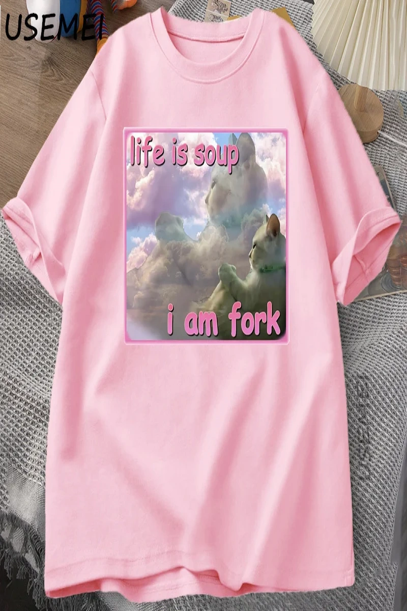 Hayat Çorba Ben Çatal T Shirt Erkekler Kadınlar için Komik Kedi Baskılı T-shirt Çirkin Aptal  2945
