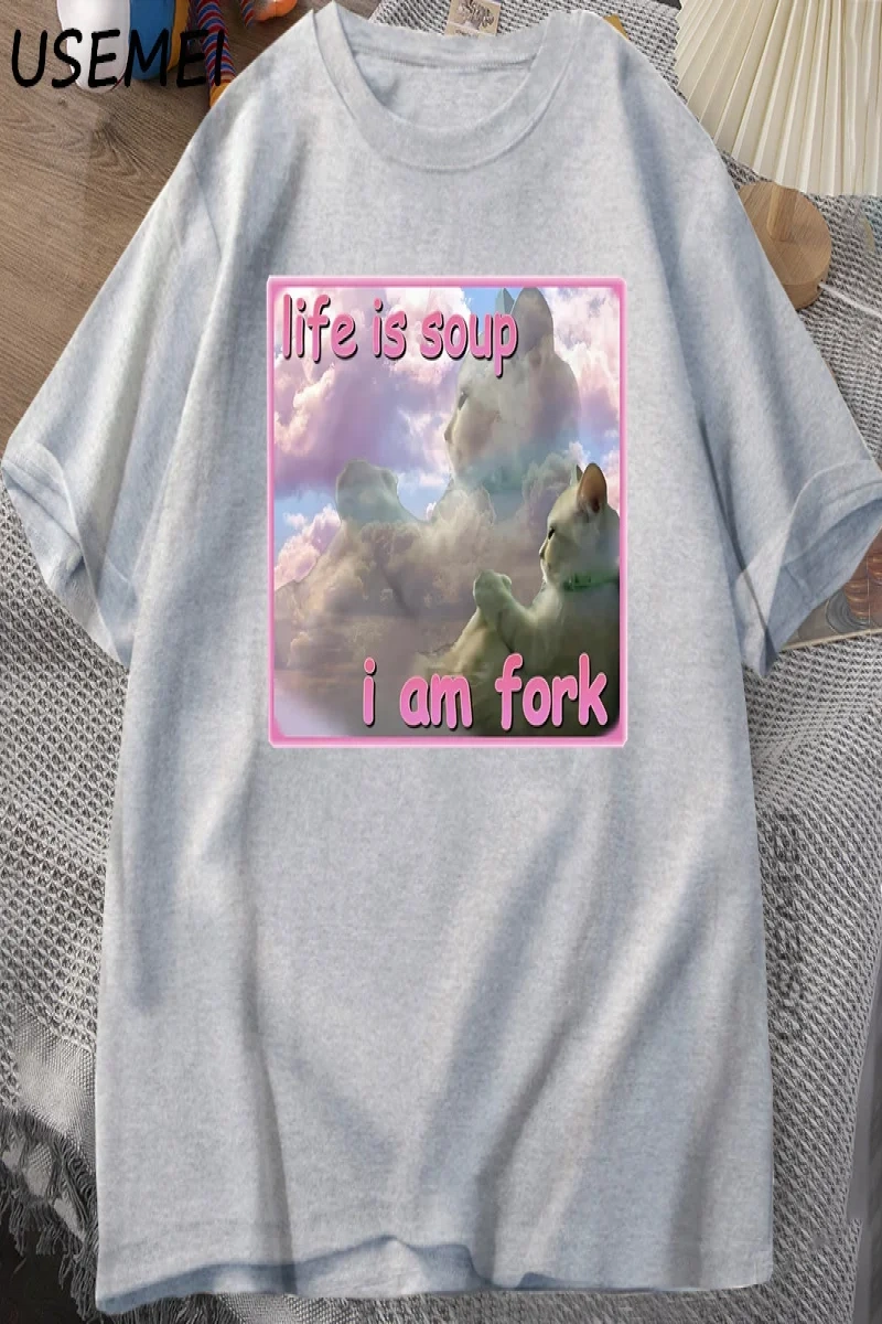 Hayat Çorba Ben Çatal T Shirt Erkekler Kadınlar için Komik Kedi Baskılı T-shirt Çirkin Aptal  2945