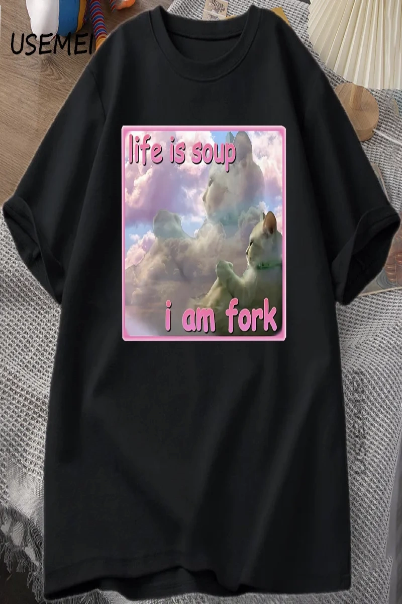 Hayat Çorba Ben Çatal T Shirt Erkekler Kadınlar için Komik Kedi Baskılı T-shirt Çirkin Aptal  2945
