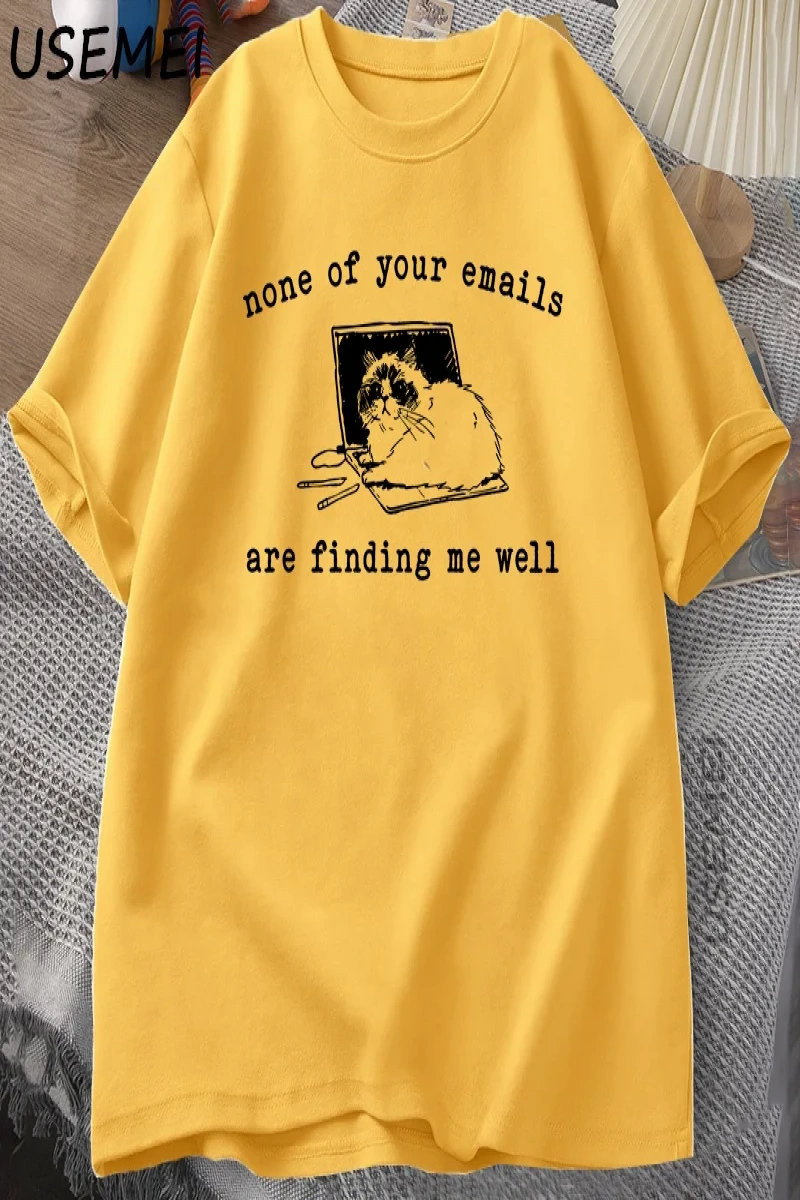 Hiçbiri E-postalar Beni İyi Buluyor T-Shirt Komik Kedi Ofis Çalışma Tişörtleri Pamuk Kısa Kol 2880