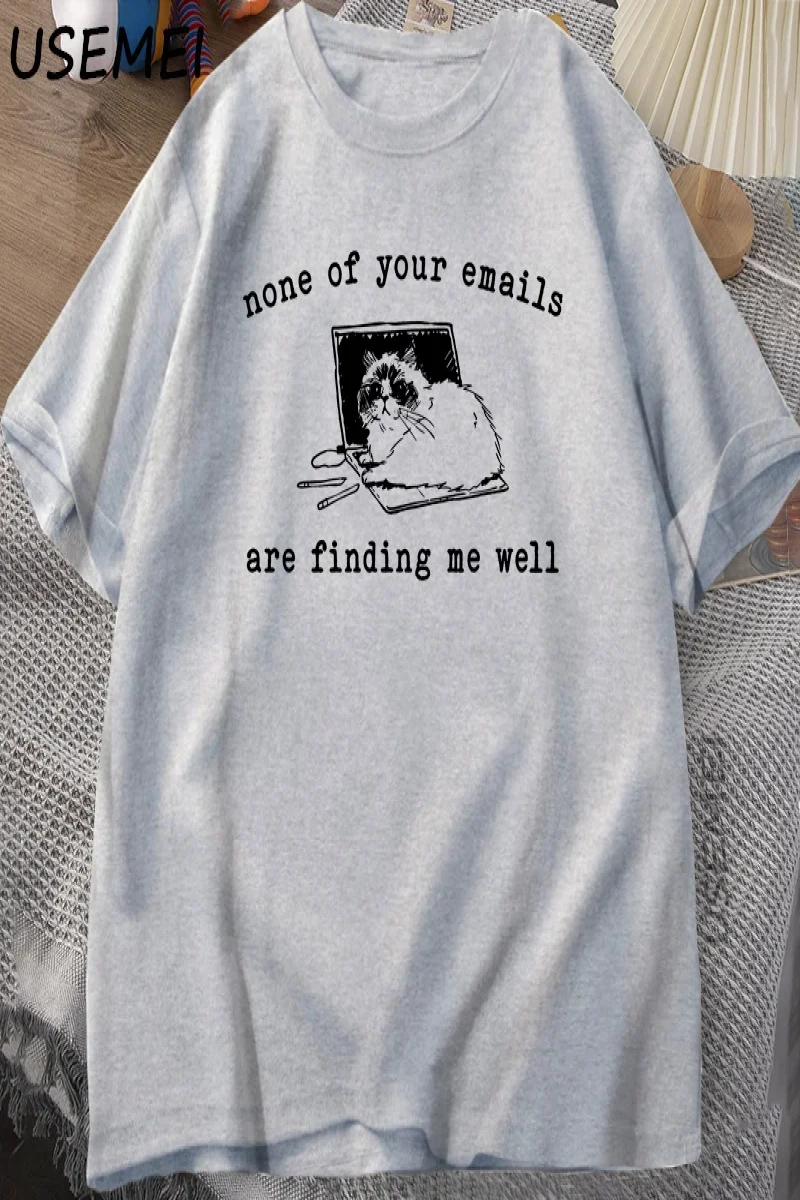 Hiçbiri E-postalar Beni İyi Buluyor T-Shirt Komik Kedi Ofis Çalışma Tişörtleri Pamuk Kısa Kol 2880