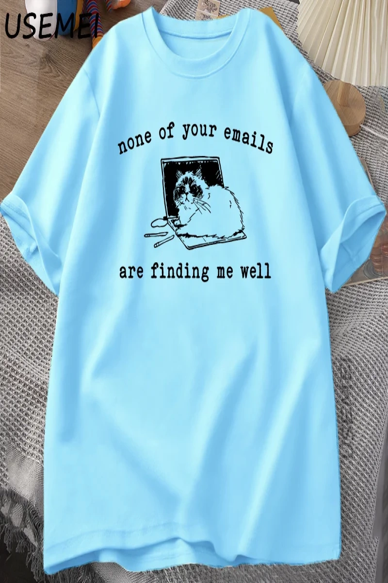 Hiçbiri E-postalar Beni İyi Buluyor T-Shirt Komik Kedi Ofis Çalışma Tişörtleri Pamuk Kısa Kol 2880