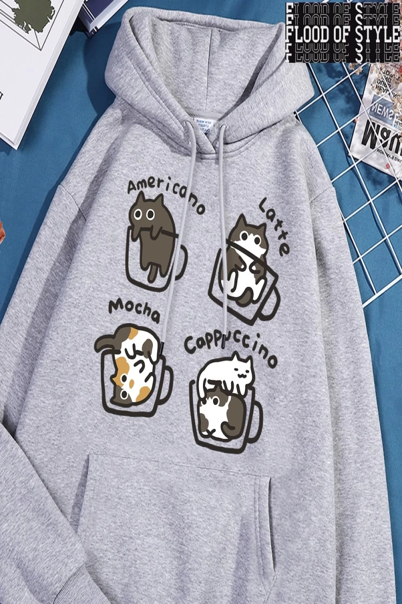 Hip Hop Harajuku Vintage Tarzı  Amerikan tarzı kahve kedi  Gri