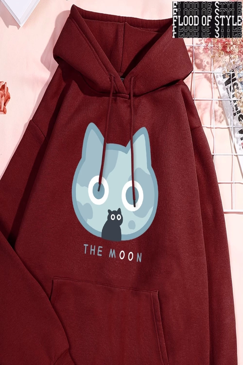 Hip Hop Harajuku Vintage Tarzı  Ay Mavi Kedi Eğlenceli Baskı  Gri