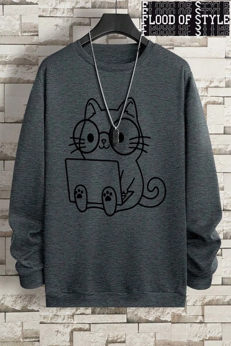 Hip Hop Harajuku Vintage Tarzı  Beyefendi kedi iş baskı adam  Gri