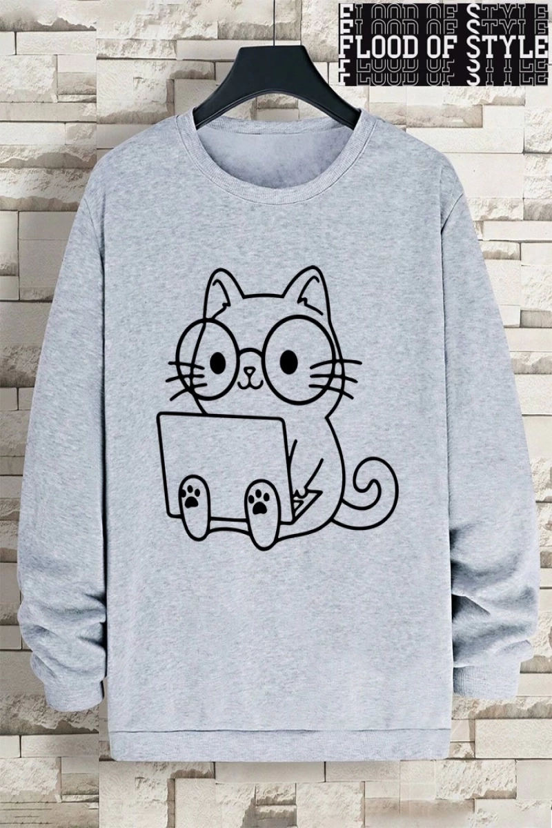 Hip Hop Harajuku Vintage Tarzı  Beyefendi kedi iş baskı adam  Gri