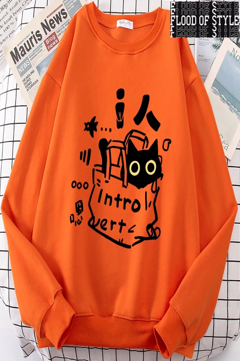 Hip Hop Harajuku Vintage Tarzı  Bir içe dönük kedi eğlenceli sevimli Gri