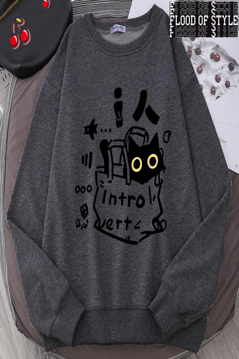 Hip Hop Harajuku Vintage Tarzı  Bir içe dönük kedi eğlenceli sevimli Gri