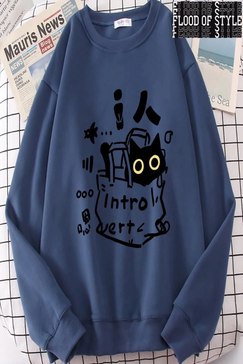 Hip Hop Harajuku Vintage Tarzı  Bir içe dönük kedi eğlenceli sevimli Gri