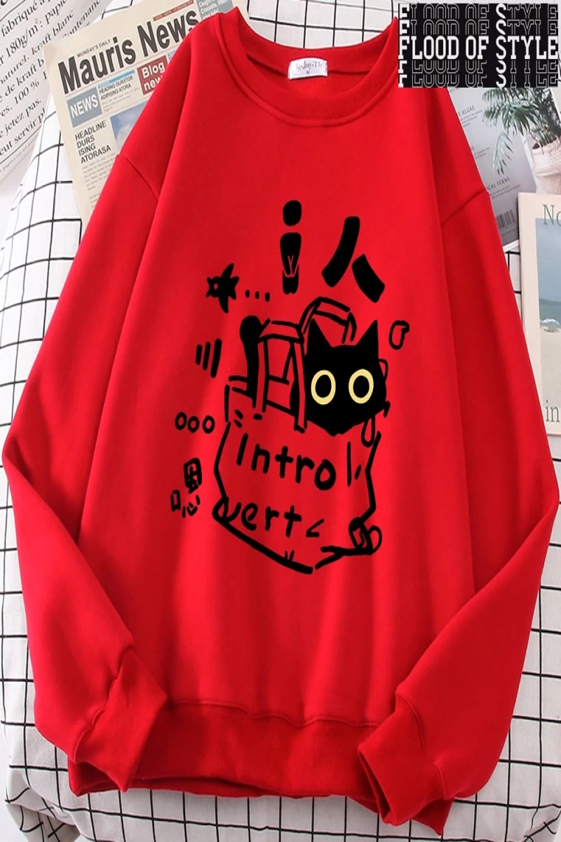 Hip Hop Harajuku Vintage Tarzı  Bir içe dönük kedi eğlenceli sevimli Gri