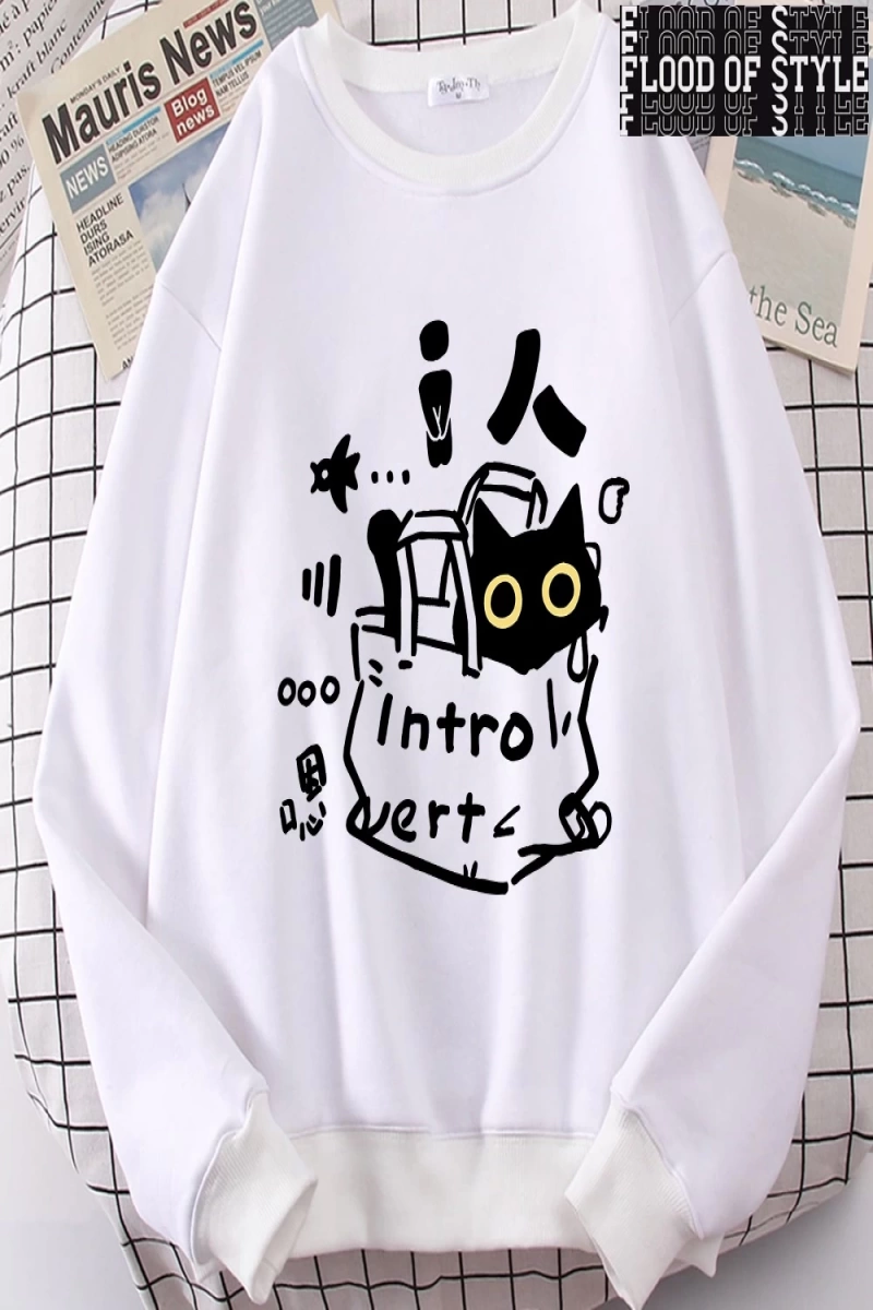 Hip Hop Harajuku Vintage Tarzı  Bir içe dönük kedi eğlenceli sevimli Gri
