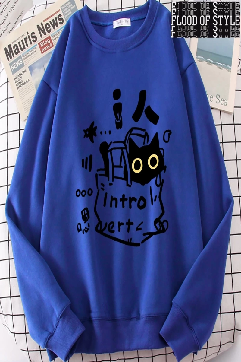 Hip Hop Harajuku Vintage Tarzı  Bir içe dönük kedi eğlenceli sevimli Gri