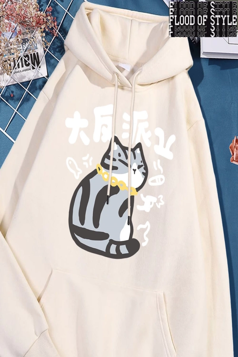 Hip Hop Harajuku Vintage Tarzı  Büyük Villain karakter kedi  Gri