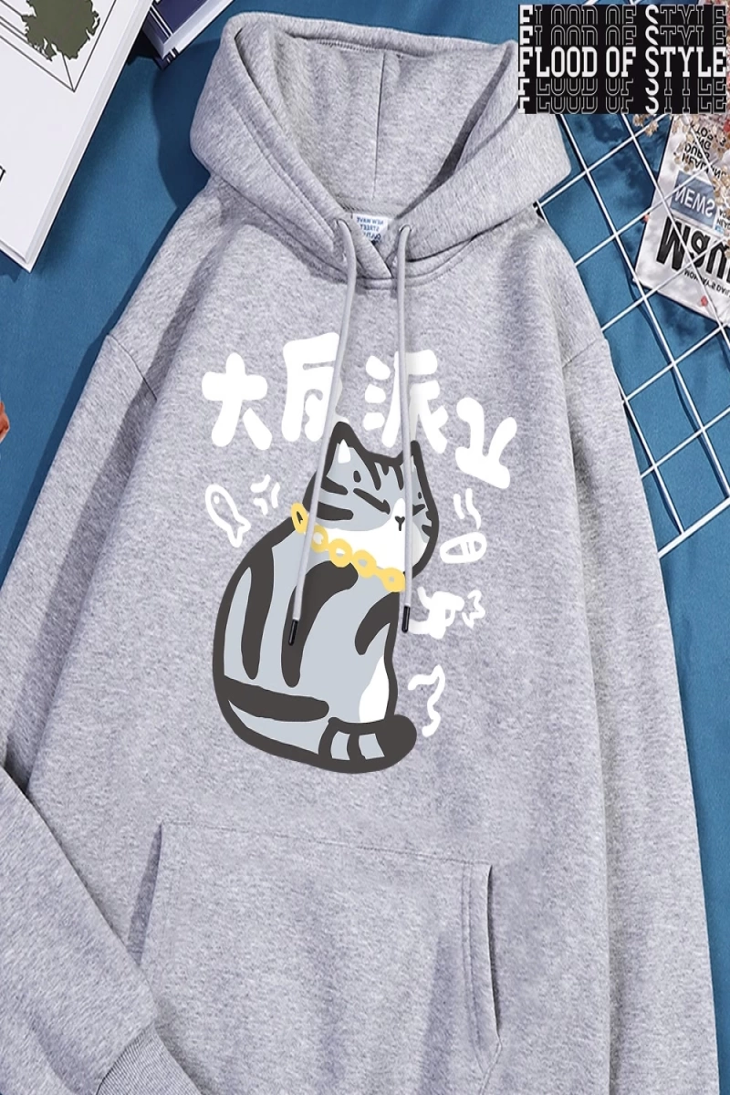 Hip Hop Harajuku Vintage Tarzı  Büyük Villain karakter kedi  Gri