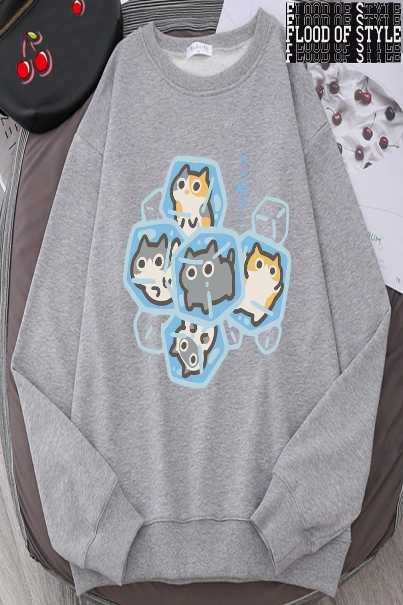 Hip Hop Harajuku Vintage Tarzı  Buz Kedi Eğlenceli  Gri